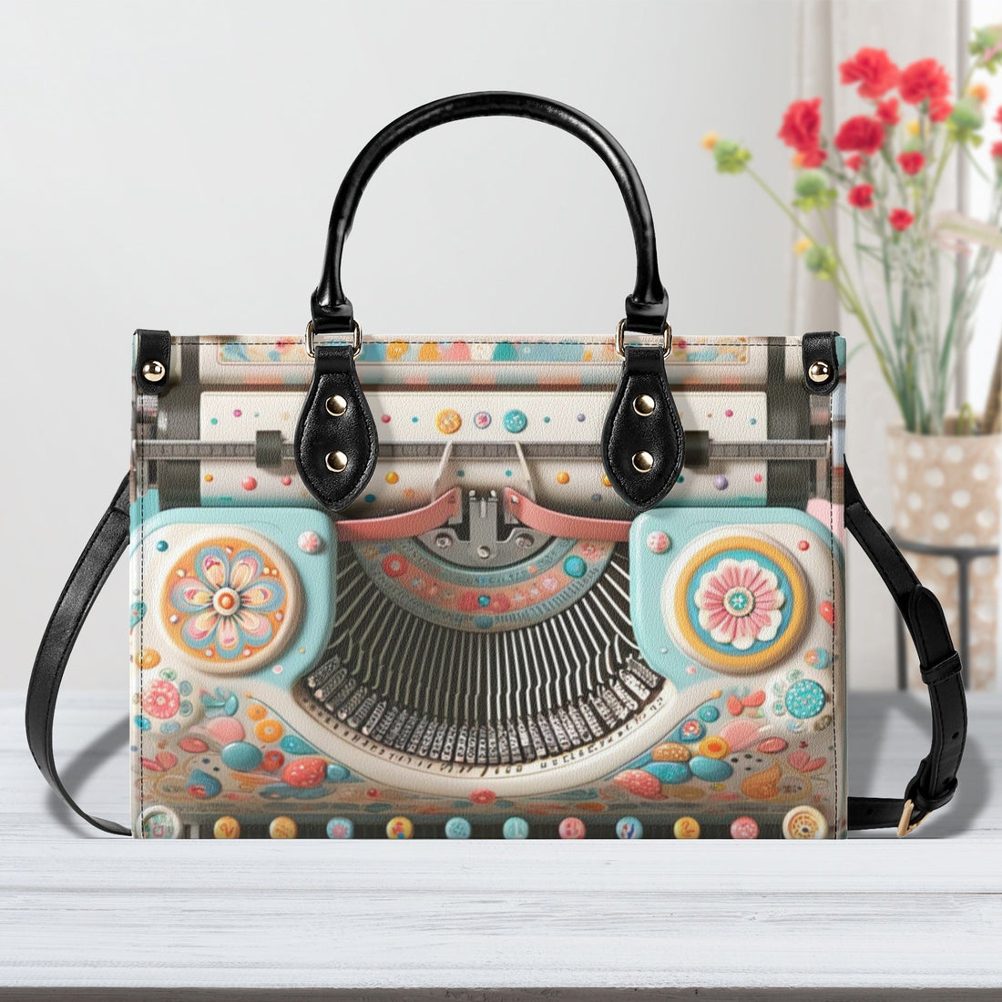 Mid Mod Kitschy Style Retro Typewriter Hand Bag-Shoulder Bag Combo in Pink, Aqua And Blue Black / S