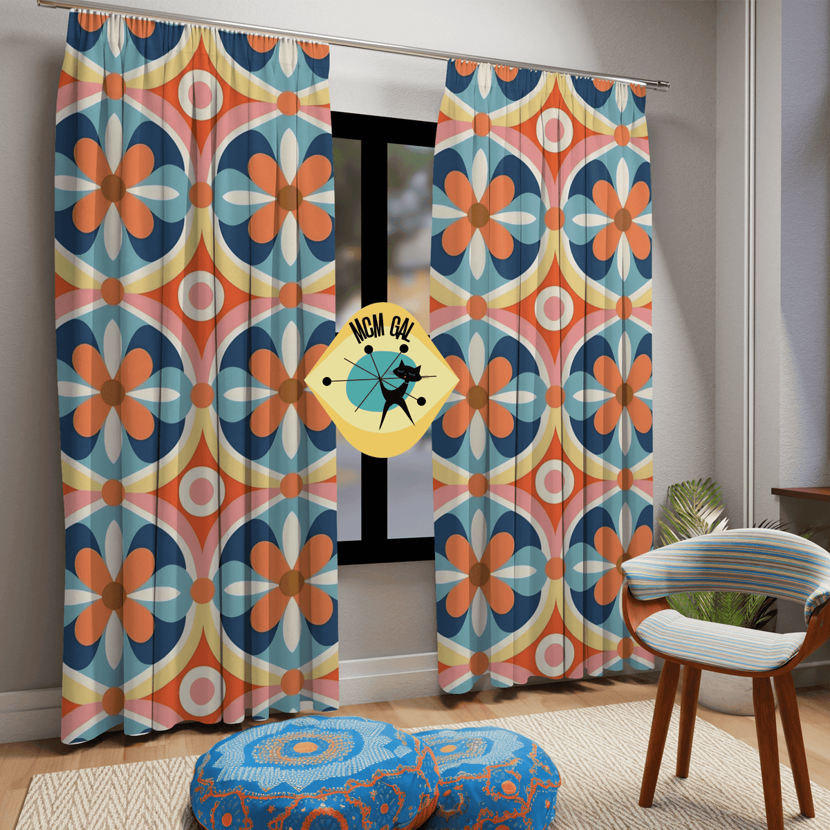 1970's Vintage Inspired Design, Bold Orange, Blue, Pink, Yellow, Scandi Floral Window Curtains (1 Piece) Home Decor Blackout / 50" × 84"