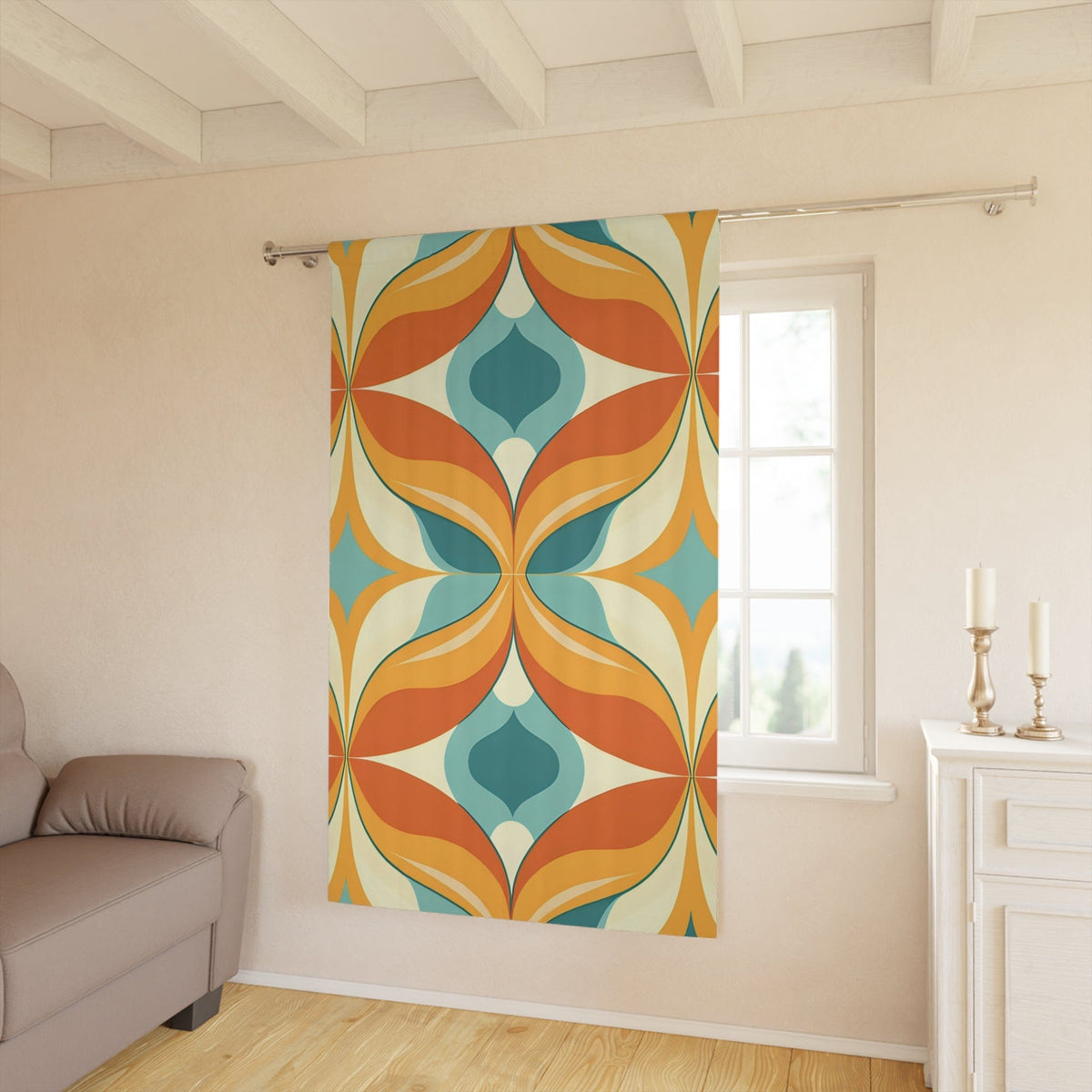 70's Groovy Geometric, Retro Orange, Aqua, Blue, Mid Mod MCM Blackout Window Curtain Home Decor Blackout / 50" × 84"