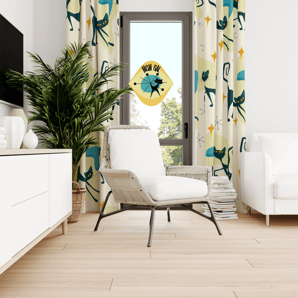 Atomic Cat Curtains, Beige, Yellow, Blue Boomerangs, Starburst, Kitschy Cute, Retro Bedroom, Livingroom, Kitchen, Blackout Window Panels