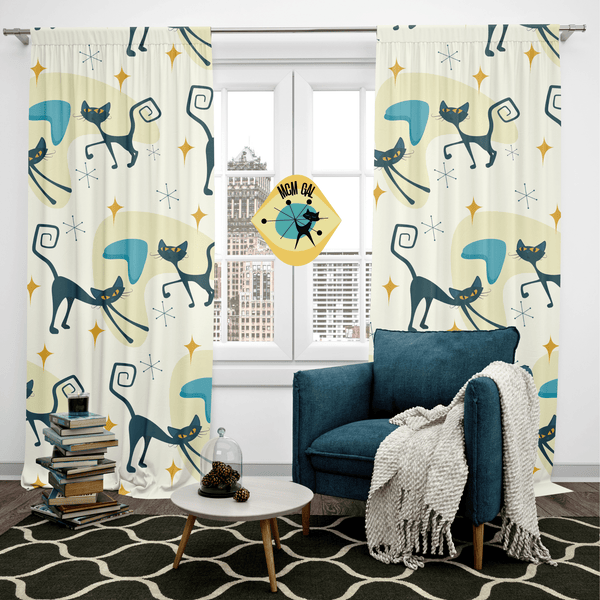 Atomic Cat Curtains, Beige, Yellow, Blue Boomerangs, Starburst, Kitschy Cute, Retro Bedroom, Livingroom, Kitchen, Blackout Window Panels