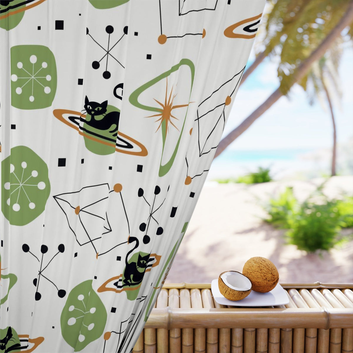 Atomic Cat, Space Age Atomic 50's Mid Century Modern Astro Stars Boomerange, MCM Window Curtains Home Decor Blackout / 50" × 84"
