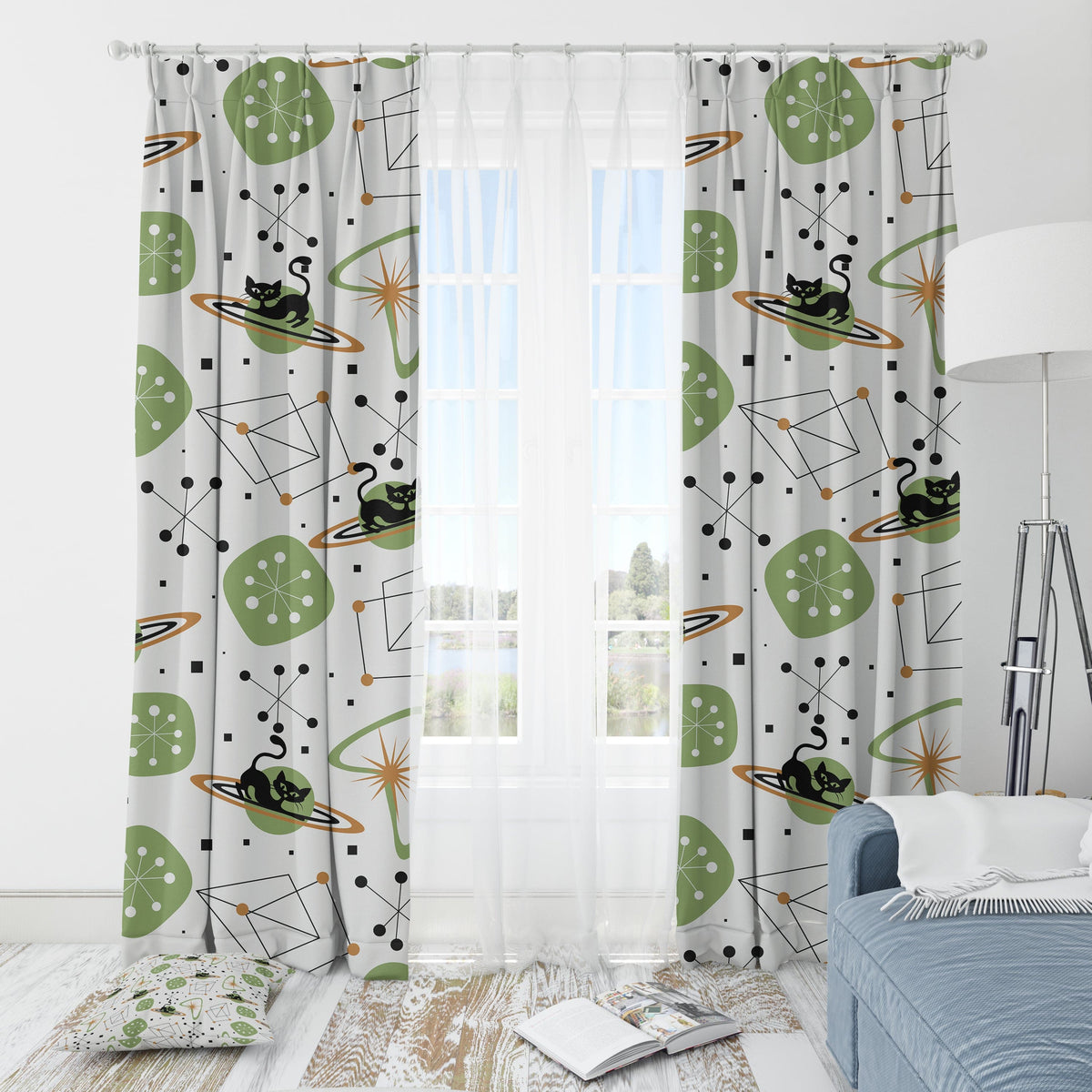 Atomic Cat, Space Age Atomic 50's Mid Century Modern Astro Stars Boomerange, MCM Window Curtains Home Decor Blackout / 50" × 84"