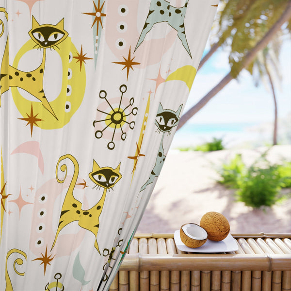 Atomic Cat, Vintage Style, Space Kitties, Retro Mid Century Modern Kitschy Cat Lover Window Curtains