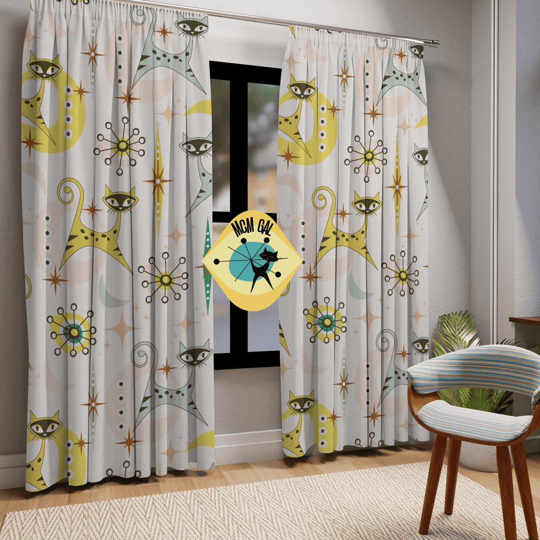 Atomic Cat, Vintage Style, Space Kitties, Retro Mid Century Modern Kitschy Cat Lover Window Curtains Home Decor Blackout / 50&quot; × 84&quot;