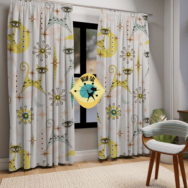 Atomic Cat, Vintage Style, Space Kitties, Retro Mid Century Modern Kitschy Cat Lover Window Curtains