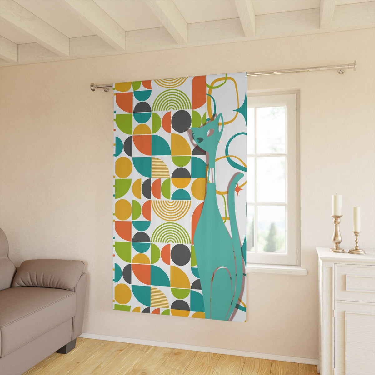 Atomic Cat Window Curtain, Mid Century Modern, White, Aqua, Orange, Yellow, FUN, Funky, Geometric, Retro  Curtains Home Decor Blackout / 50" × 84"