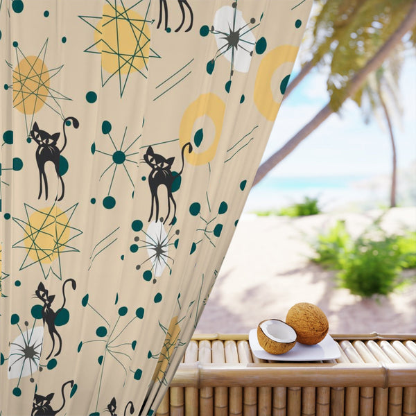 Atomic Cats Curtains, Kitschy, Beige, Yellow, Francsican Starburst Pattern Window Curtain