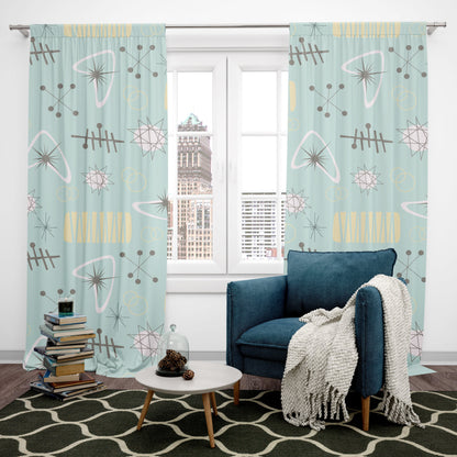 Atomic Franciscan Starburst Pattern, Aqua Blue, Yellow, Boomerang MCM Mid Century Modern Designs Window Curtains Home Decor Blackout / 50&quot; × 84&quot;