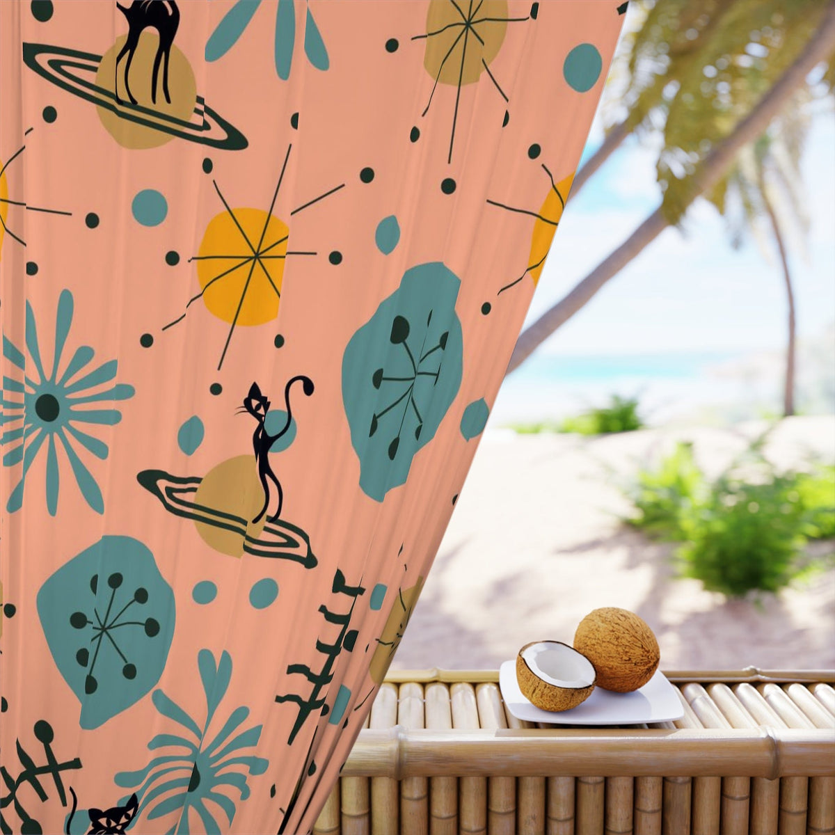 Atomic Home Living Curtain, Space Cat, Mid Century Modern Teal, Yellow, Salmon Color, Window Curtain Home Decor Blackout / 50" × 84"