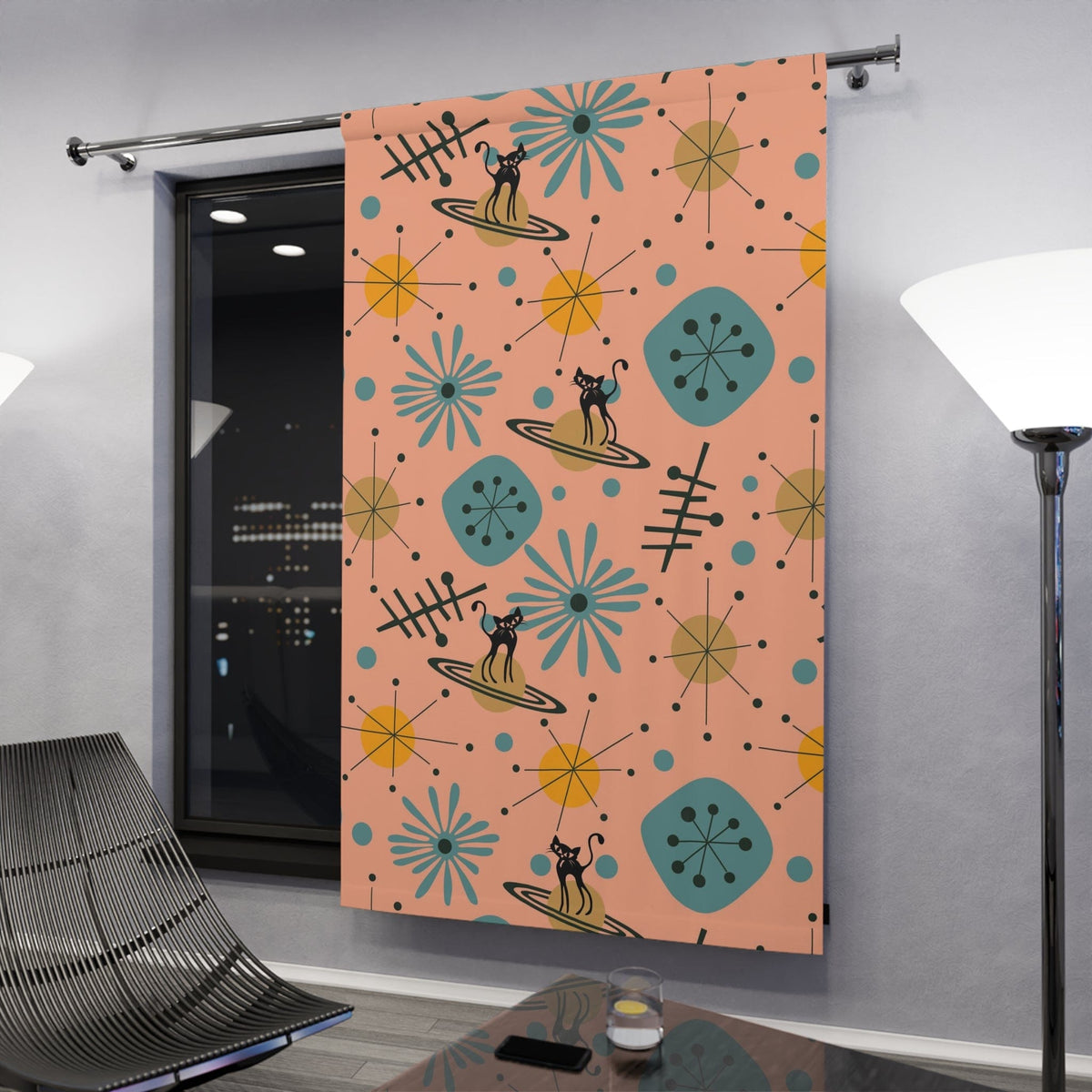 Atomic Home Living Curtain, Space Cat, Mid Century Modern Teal, Yellow, Salmon Color, Window Curtain Home Decor Blackout / 50" × 84"
