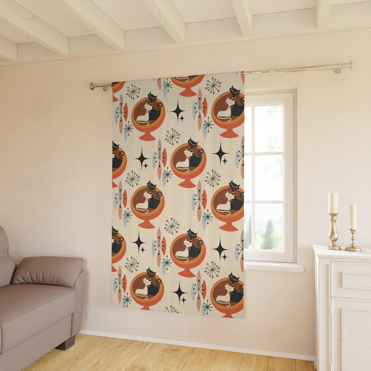 Atomic Kitties, Cute Kitsch Livingroom, Mid Century Modern, Retro Mod Window Curtains Home Decor Blackout / 50" × 84"