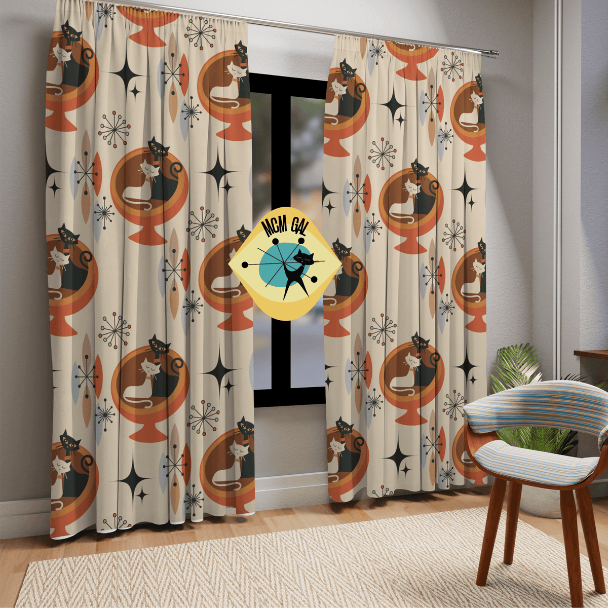 Atomic Kitties, Cute Kitsch Livingroom, Mid Century Modern, Retro Mod Window Curtains Home Decor Blackout / 50" × 84"