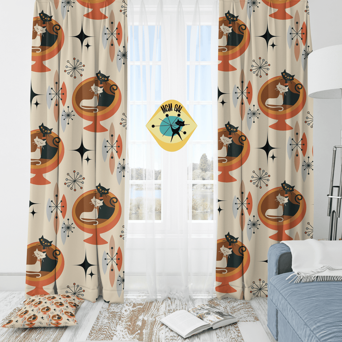 Atomic Kitties, Cute Kitsch Livingroom, Mid Century Modern, Retro Mod Window Curtains Home Decor Blackout / 50&quot; × 84&quot;