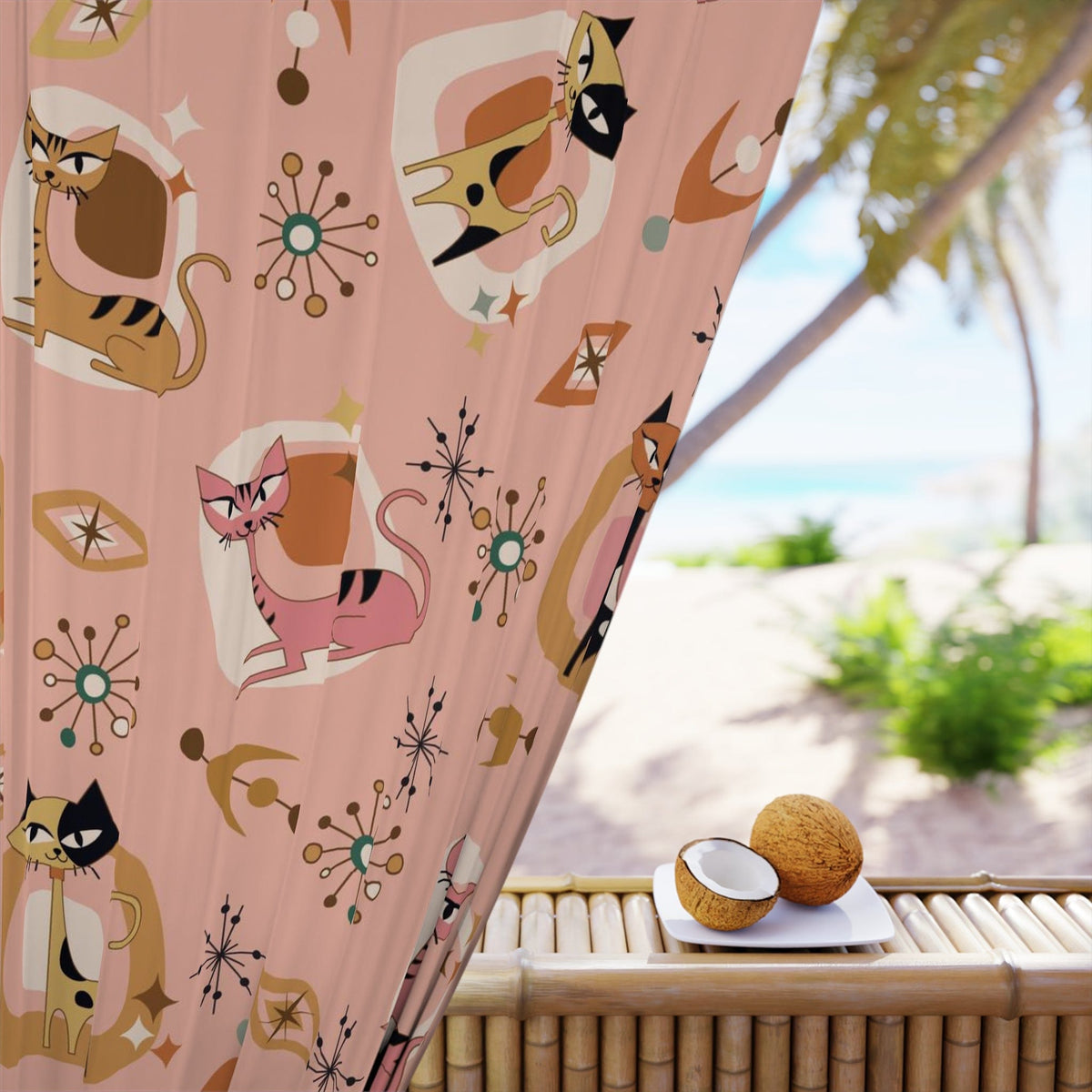 Atomic Pink 50's, Kitschy Fun Cats, Cat Lover, Cat Mom,  Vintage Inspired, Mid Century Modern Window Curtain Home Decor Blackout / 50" × 84"