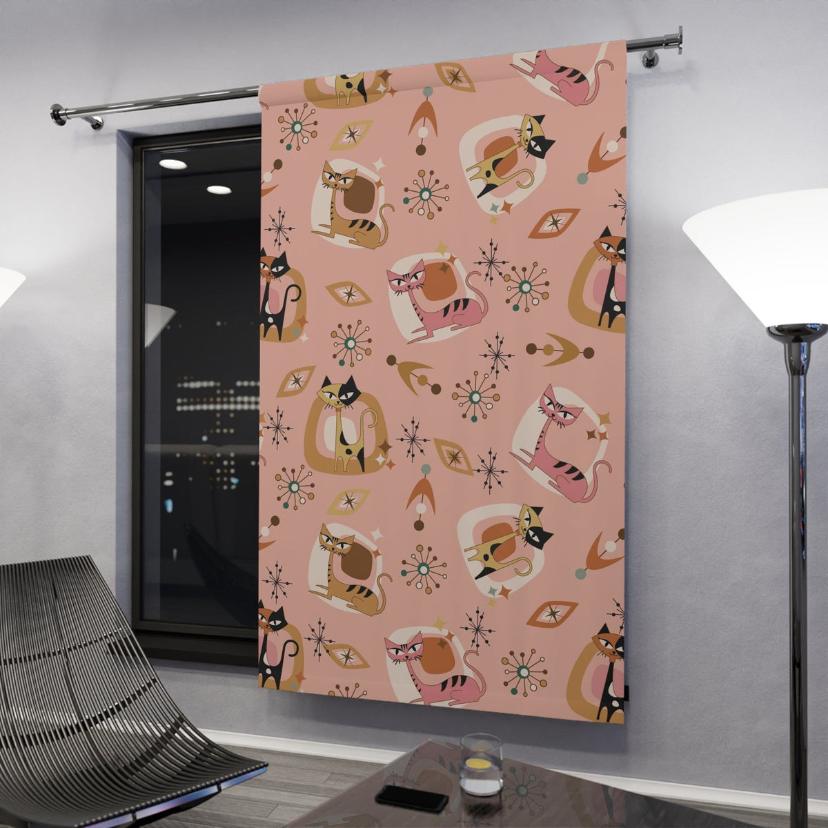 Atomic Pink 50's, Kitschy Fun Cats, Cat Lover, Cat Mom,  Vintage Inspired, Mid Century Modern Window Curtain Home Decor Blackout / 50" × 84"