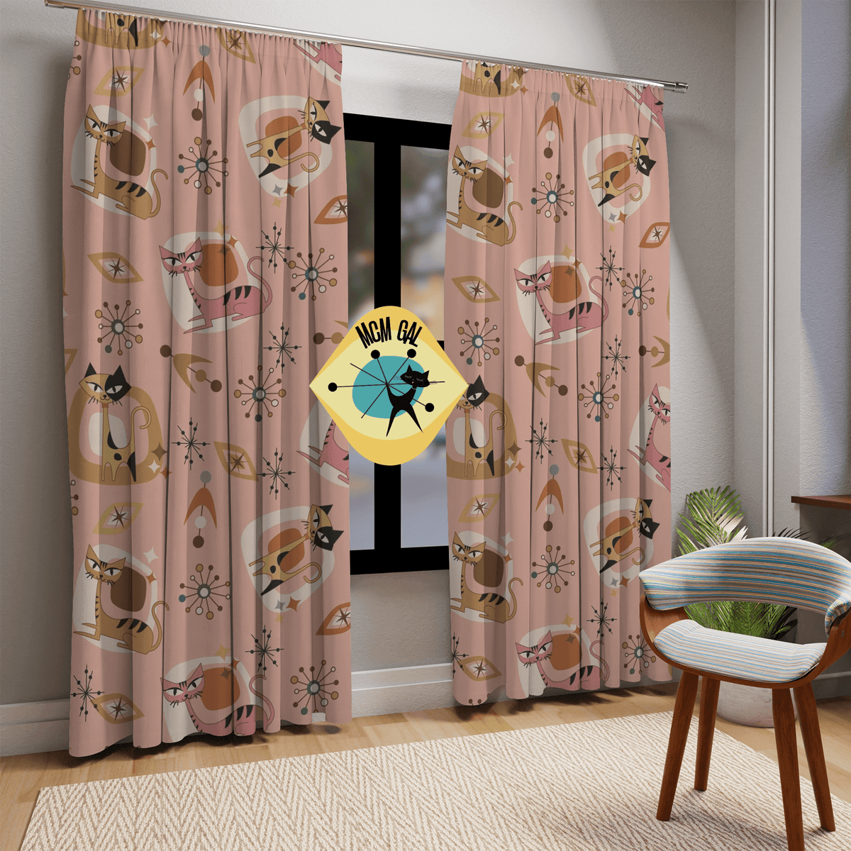 Atomic Pink 50's, Kitschy Fun Cats, Cat Lover, Cat Mom,  Vintage Inspired, Mid Century Modern Window Curtain Home Decor Blackout / 50" × 84"