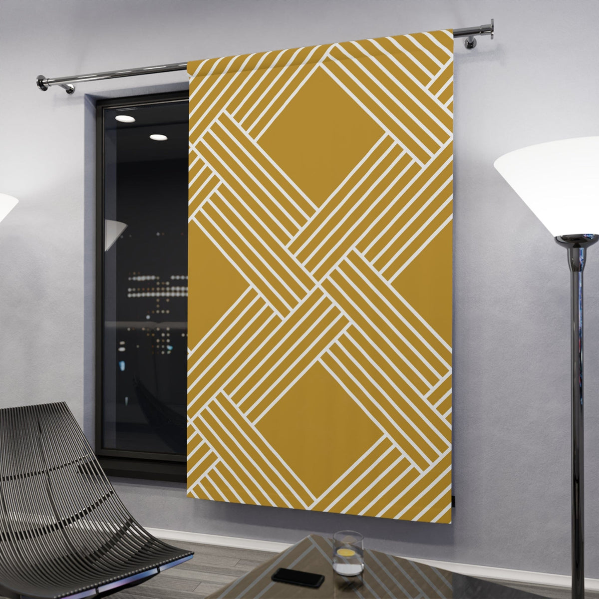 Herringbone Pattern, Retro Mod Golden Yellow, White Abstract, Modern Window Curtains (1 Piece) Home Decor Blackout / 50" × 84"