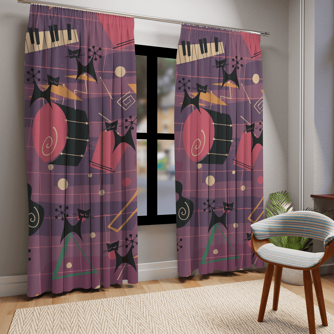 Jazzy Snazzy Atomic Cats, Music Lover,  Mid Century Modern Retro Window Curtains (1 Piece) Home Decor Blackout / 50&quot; × 84&quot;