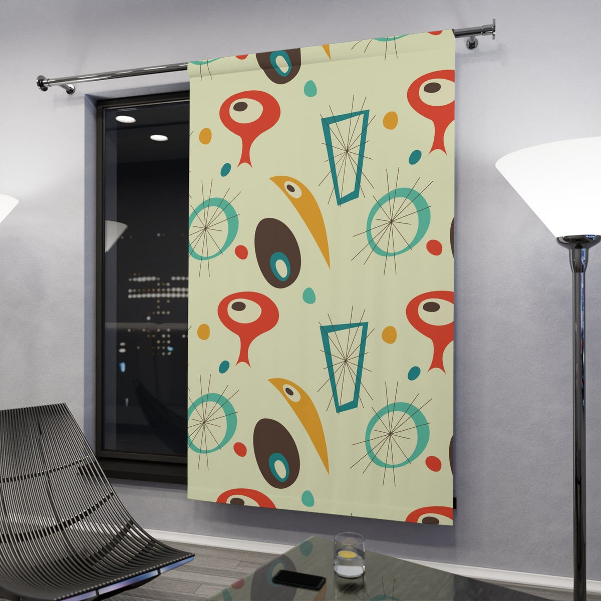 Mid Century Modern Abstract, Geometric, Starbursts, MCM Black Out Window Curtain, Mustard Yellow, Burnt Orange, Aqua, Teal Home Decor Blackout / 50" × 84"