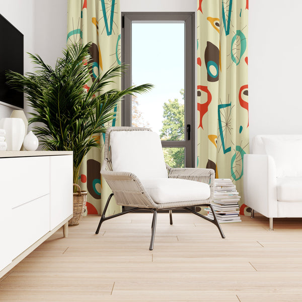 Mid Century Modern Abstract, Geometric, Starbursts, MCM Black Out Window Curtain, Mustard Yellow, Burnt Orange, Aqua, Teal