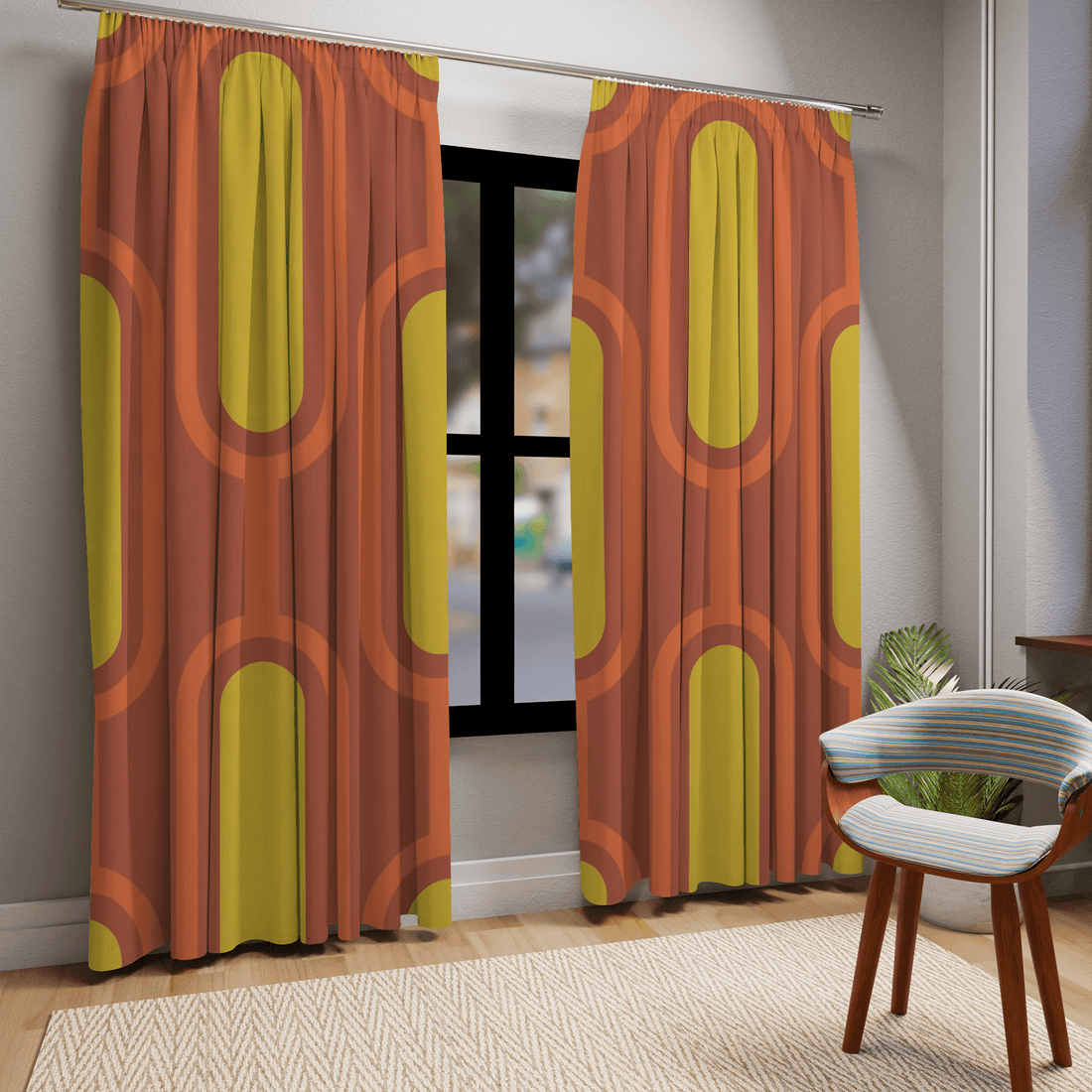 Mid Century Modern Burnt Orange, Mustard Yellow Groovy Retro Window Curtains (1 Piece) Home Decor Blackout / 50&quot; × 84&quot;