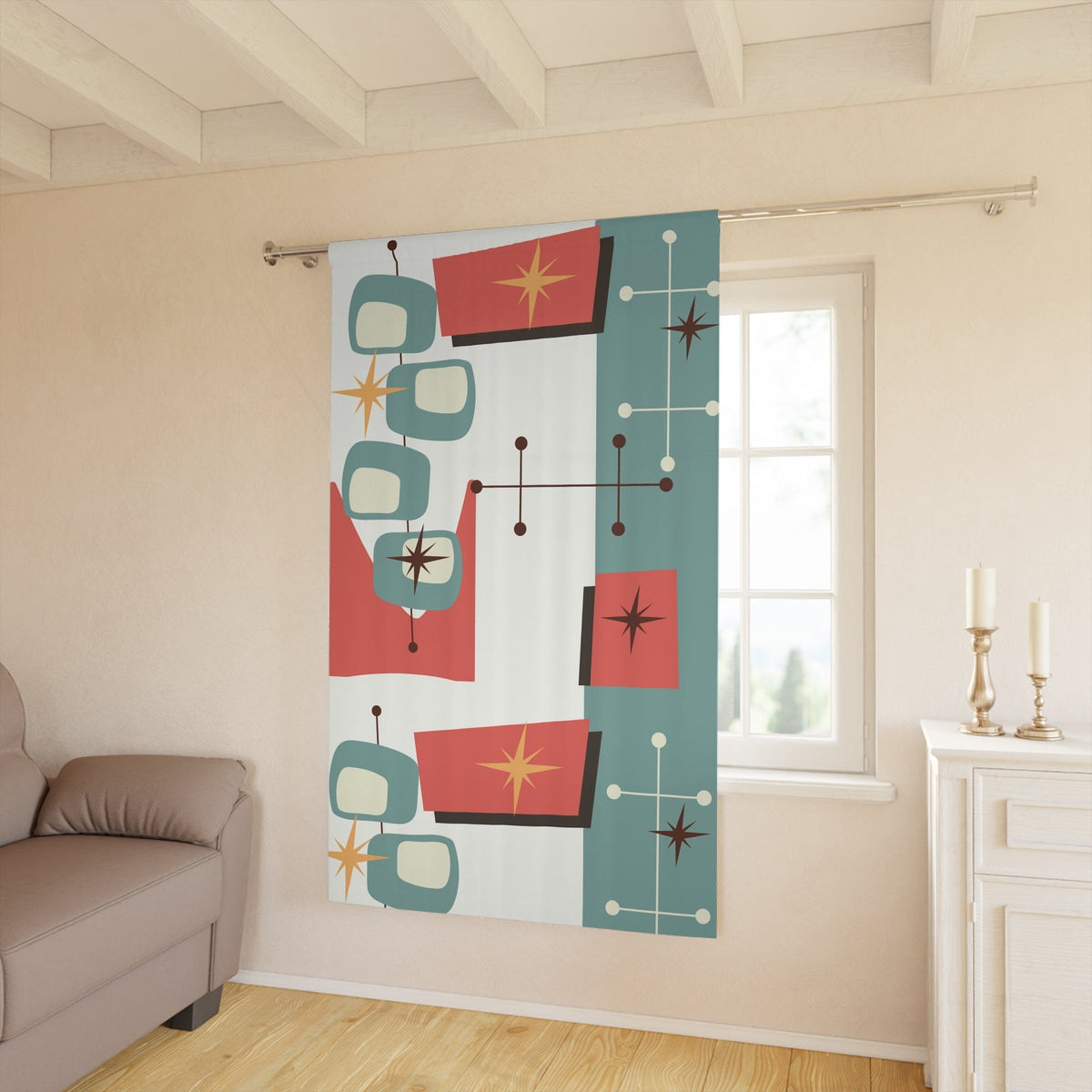 Mid Century Modern Curtains Atomic, Geometrics, Abstract Designed, Retro, Coral, Beige, Yellow, Brown,  MCM Home Decor Window Curtain Home Decor Blackout / 50" × 84"