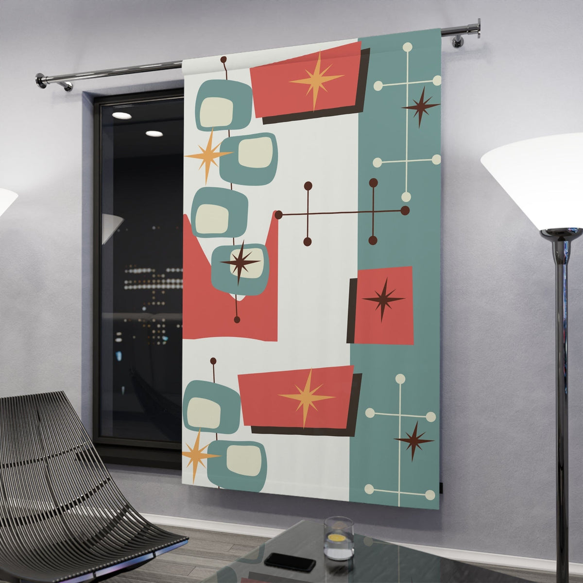 Mid Century Modern Curtains Atomic, Geometrics, Abstract Designed, Retro, Coral, Beige, Yellow, Brown,  MCM Home Decor Window Curtain Home Decor Blackout / 50" × 84"