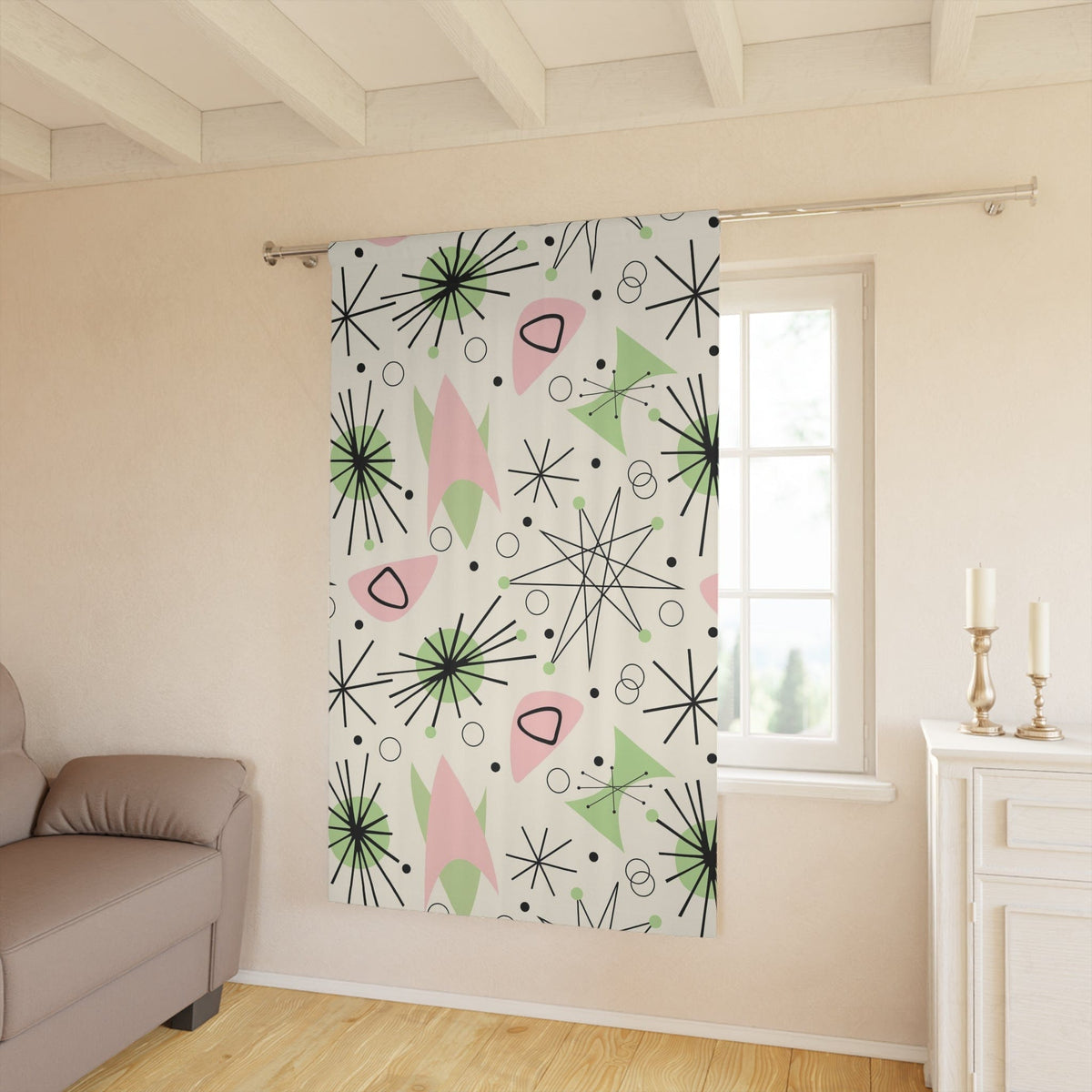 Mid Century Modern Custom Window Curtains, Atomic Pink, Green, Astro Sputnik Starburst, Space Age, MCM Window Curtains Home Decor Blackout / 50" × 84"