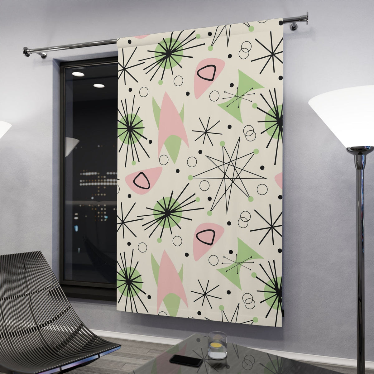 Mid Century Modern Custom Window Curtains, Atomic Pink, Green, Astro Sputnik Starburst, Space Age, MCM Window Curtains Home Decor Blackout / 50" × 84"
