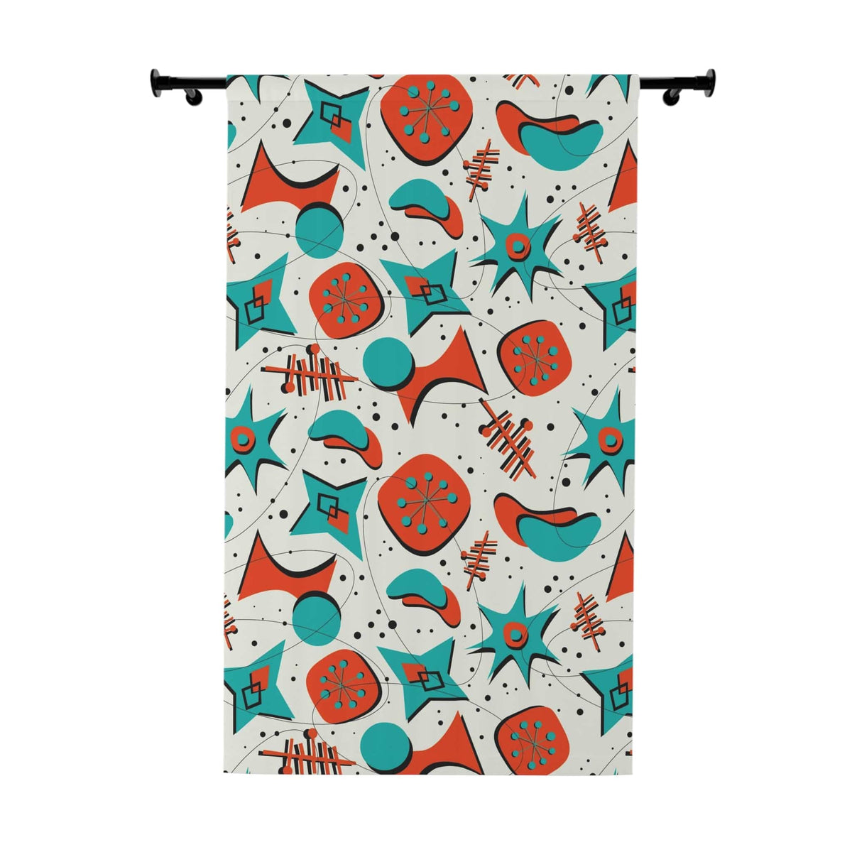 Mid Century Modern Designed Kitschy 50's Mod Curtains, Teal Blue, Red, Sputnik, Boomernang Starbursts, WOW Your Window Curtain Home Decor Blackout / 50" × 84"