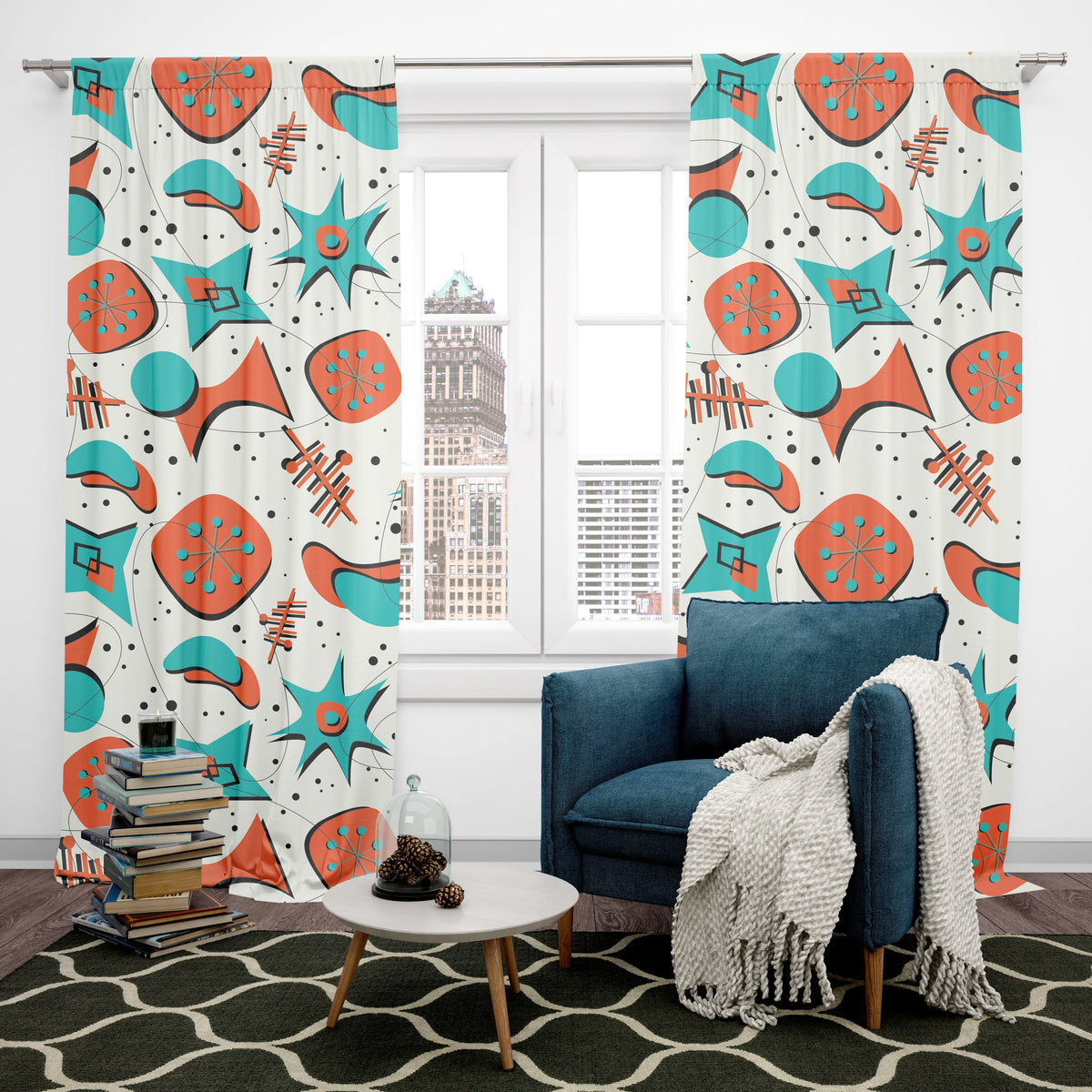 Mid Century Modern Designed Kitschy 50's Mod Curtains, Teal Blue, Red, Sputnik, Boomernang Starbursts, WOW Your Window Curtain Home Decor Blackout / 50" × 84"