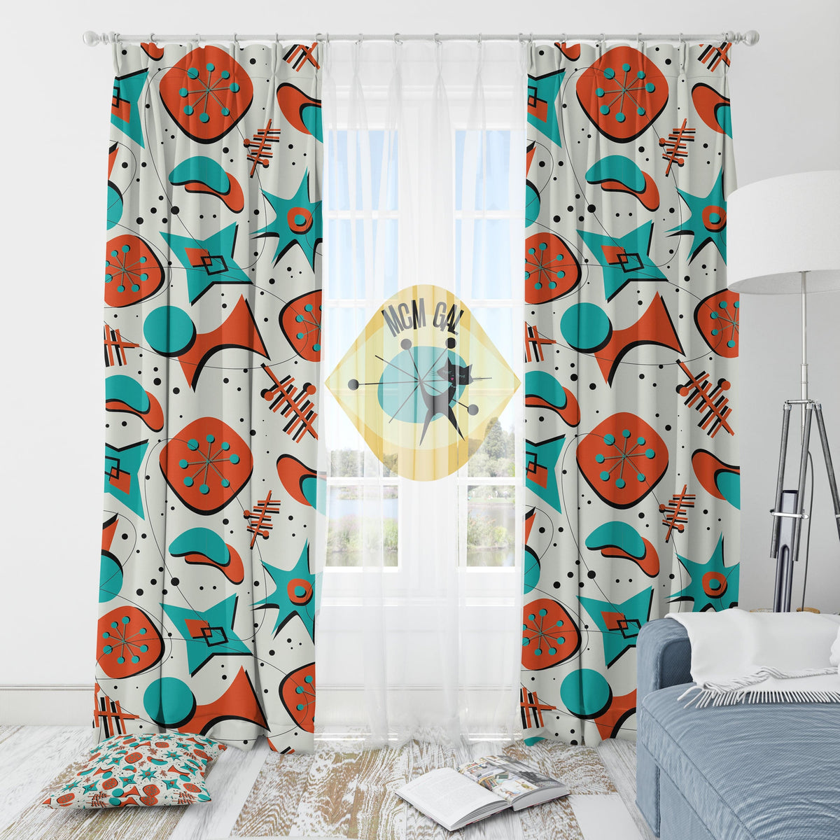 Mid Century Modern Designed Kitschy 50's Mod Curtains, Teal Blue, Red, Sputnik, Boomernang Starbursts, WOW Your Window Curtain Home Decor Blackout / 50" × 84"