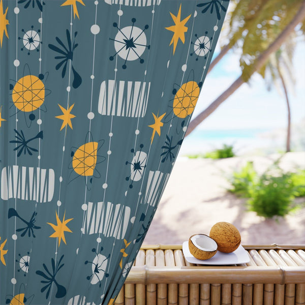 Mid Century Modern Designs, Black Out Window Curtain With Yellow Franciscan Starburst, Linear Lines, Stars Retro Home Decor