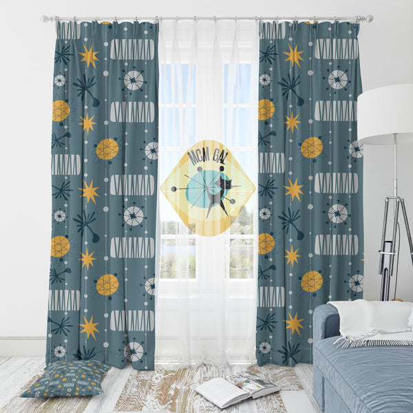 Mid Century Modern Designs, Black Out Window Curtain With Yellow Franciscan Starburst, Linear Lines, Stars Retro Home Decor