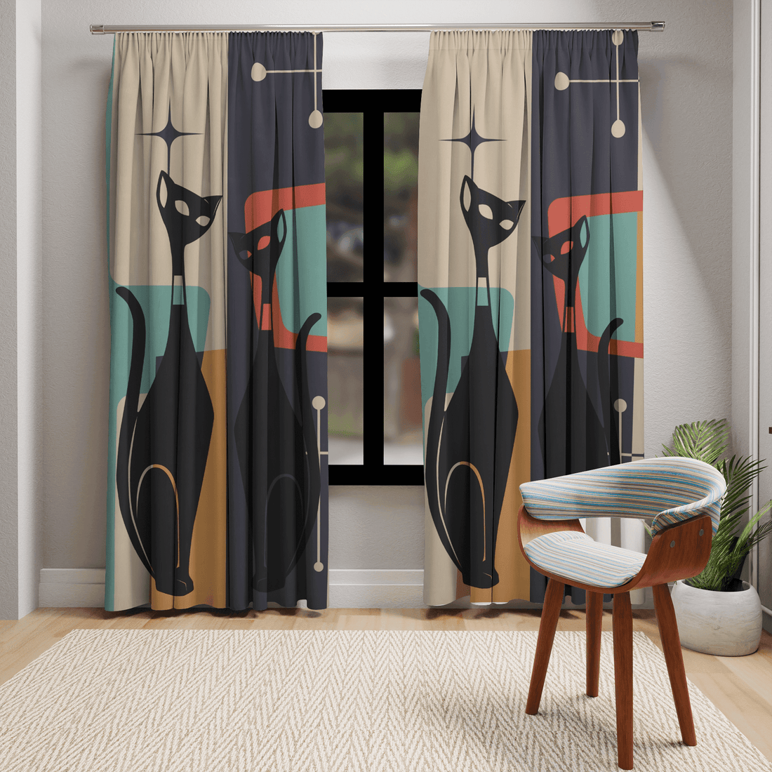 Mid Century Modern Geometric, Charcoal Gray, Mustard Yellow Coral Red, Atomic Couples, Retro Mod Window Curtains (1 Piece) Home Decor Blackout / 50&quot; × 84&quot;