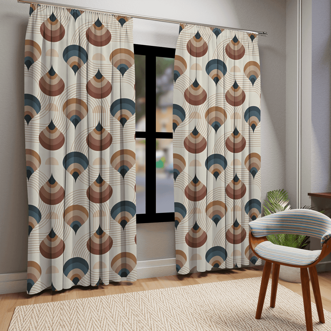 Mid Century Modern, MCM, Retro Boho Vibe, Creamy Beige, Teal, Light Brown, Tear Drop Groovy Modern Blackout Window Curtains Home Decor Blackout / 50&quot; × 84&quot;