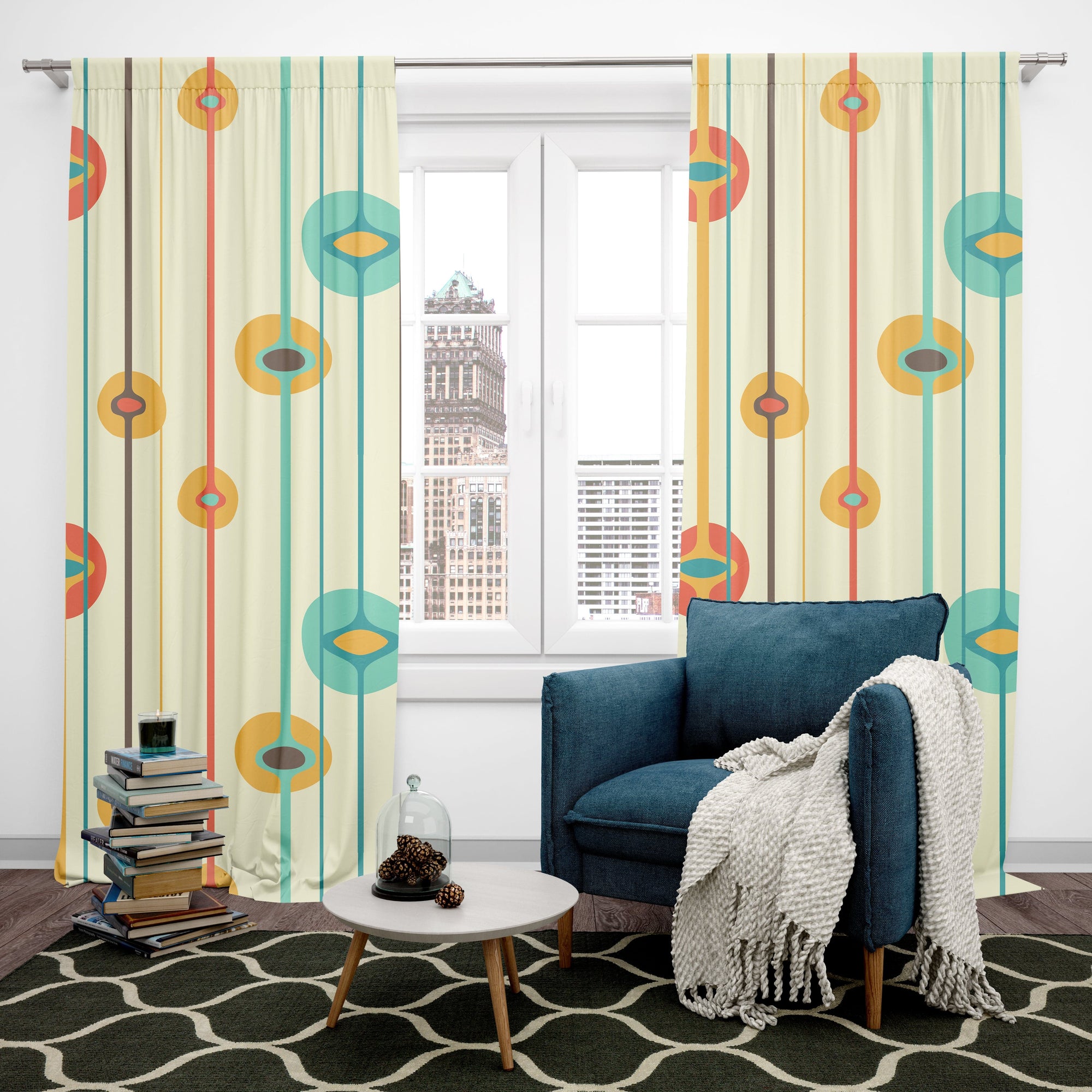 Mid Century Modern Window Curtain, Geometric Stripes, Mustard Yellow ...