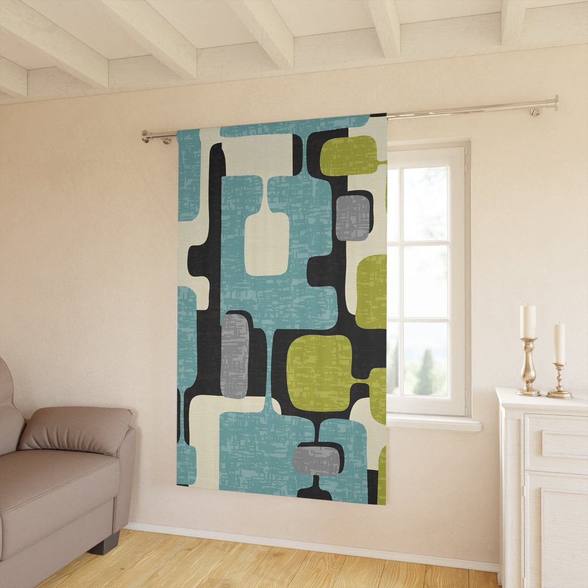 Mid Century Modern Window Curtains, Aqua Blue, Green, Slate Gray, Black Retro Window Curtains (1 Piece) Home Decor Blackout / 50" × 84"