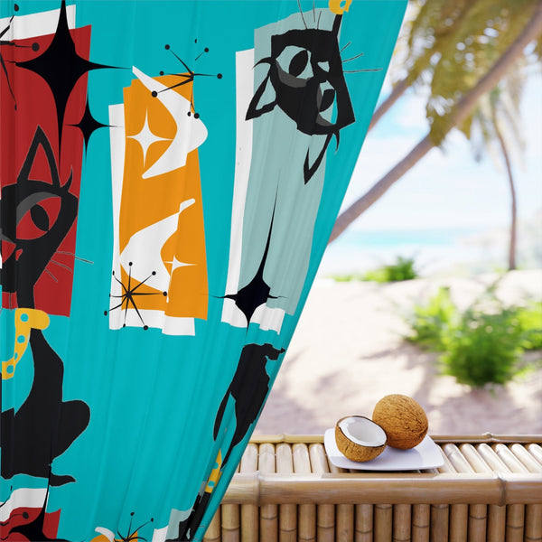 Mid Century Modern Window Curtains With Atomic Cats, Aqua Blue, Kitschy Fun, Geometric, Retro Window Curtains (1 Piece)