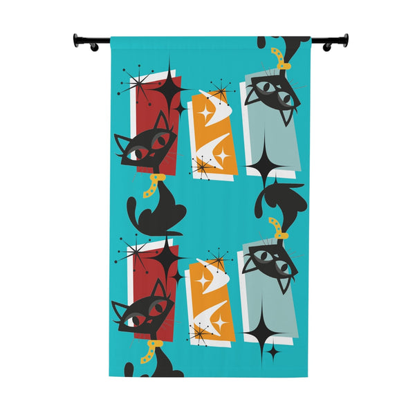 Mid Century Modern Window Curtains With Atomic Cats, Aqua Blue, Kitschy Fun, Geometric, Retro Window Curtains (1 Piece)