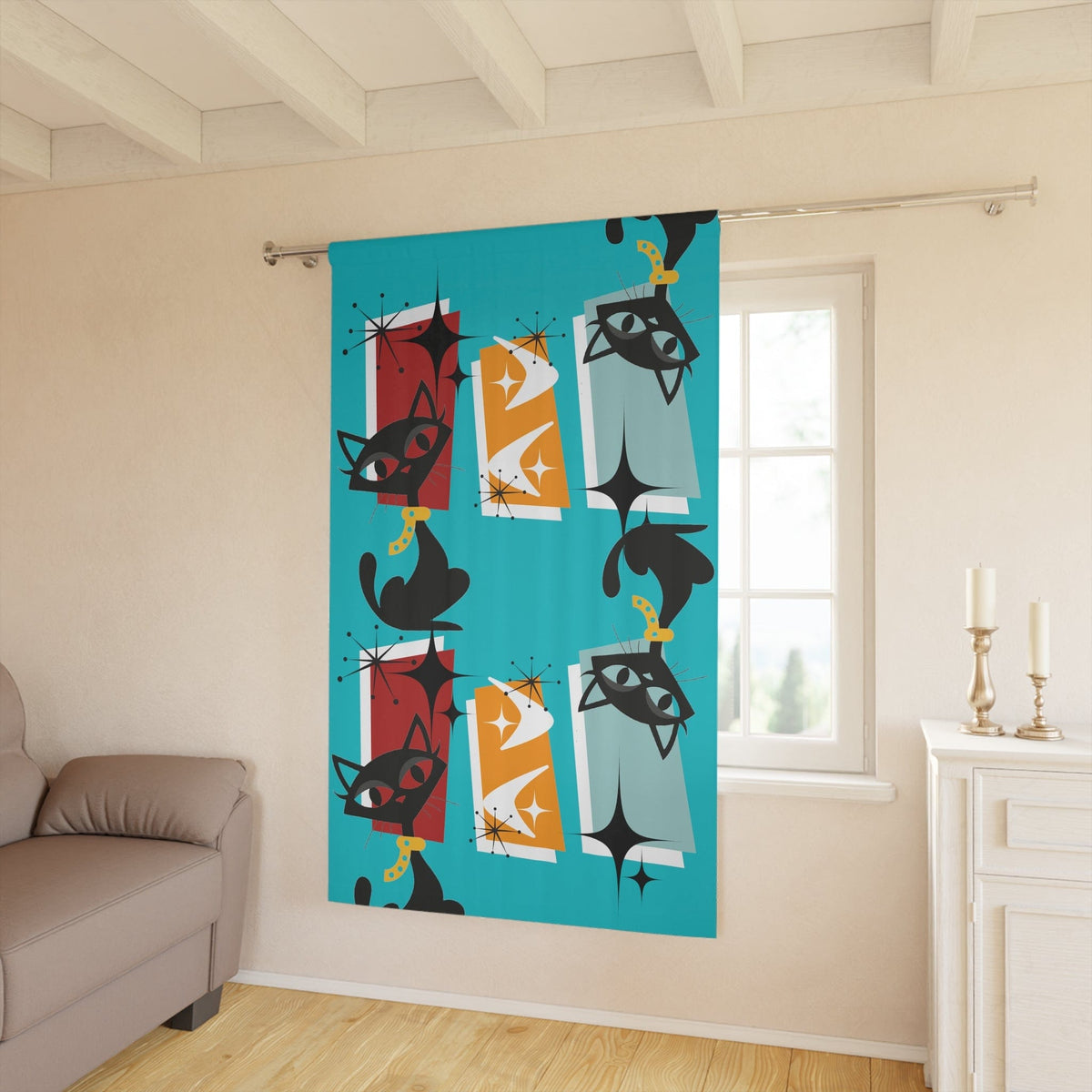 Mid Century Modern Window Curtains With Atomic Cats, Aqua Blue, Kitschy Fun, Geometric, Retro Window Curtains (1 Piece) Home Decor Blackout / 50" × 84"