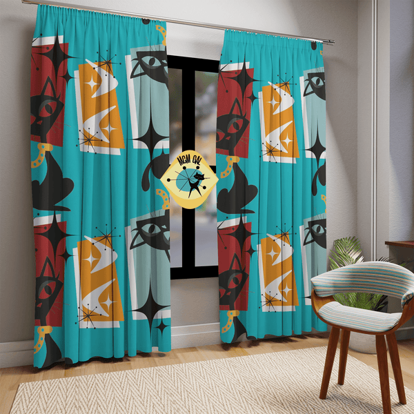 Mid Century Modern Window Curtains With Atomic Cats, Aqua Blue, Kitschy Fun, Geometric, Retro Window Curtains (1 Piece)