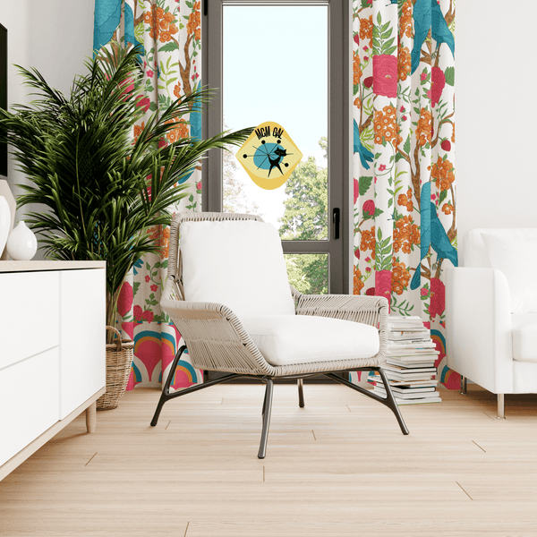 Modern Chinoiserie Fabric Window Curtain, Beautiful Exotic Birds, Floral, Dining Room, Living Room, Bedroom Curtains