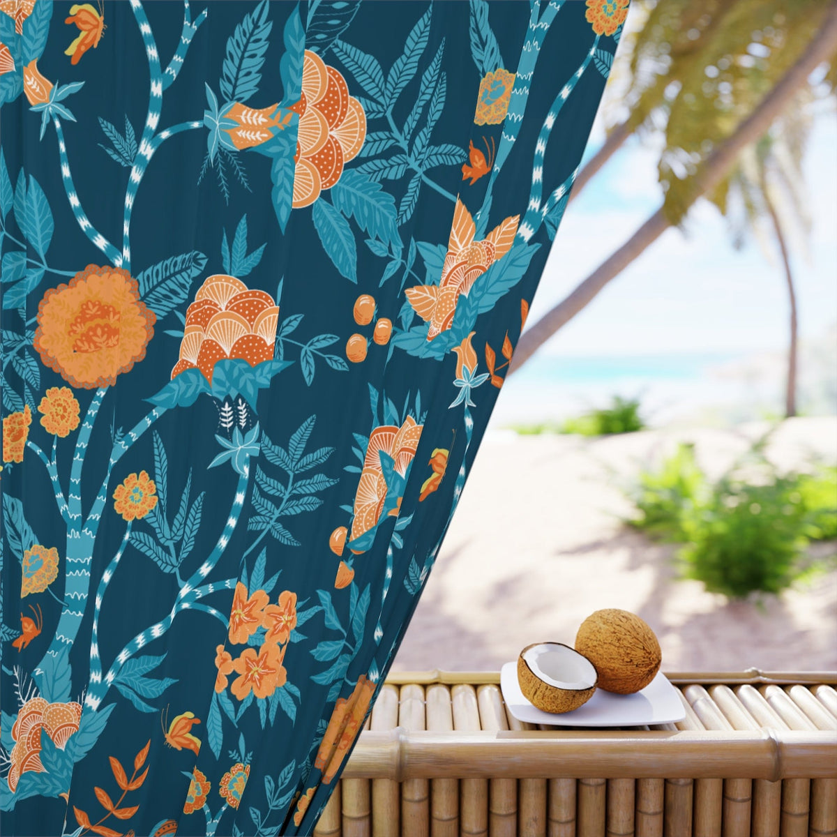 Modern Chinoiserie Fabric Window Curtain, Beautiful Exotic Blue, Orange, Floral Window Curtain Home Decor Blackout / 50" × 84"