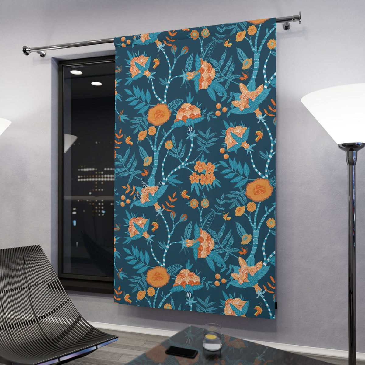 Modern Chinoiserie Fabric Window Curtain, Beautiful Exotic Blue, Orange, Floral Window Curtain Home Decor Blackout / 50" × 84"