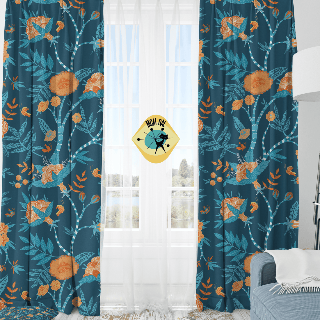 Modern Chinoiserie Fabric Window Curtain, Beautiful Exotic Blue, Orange, Floral Window Curtain Home Decor Blackout / 50&quot; × 84&quot;