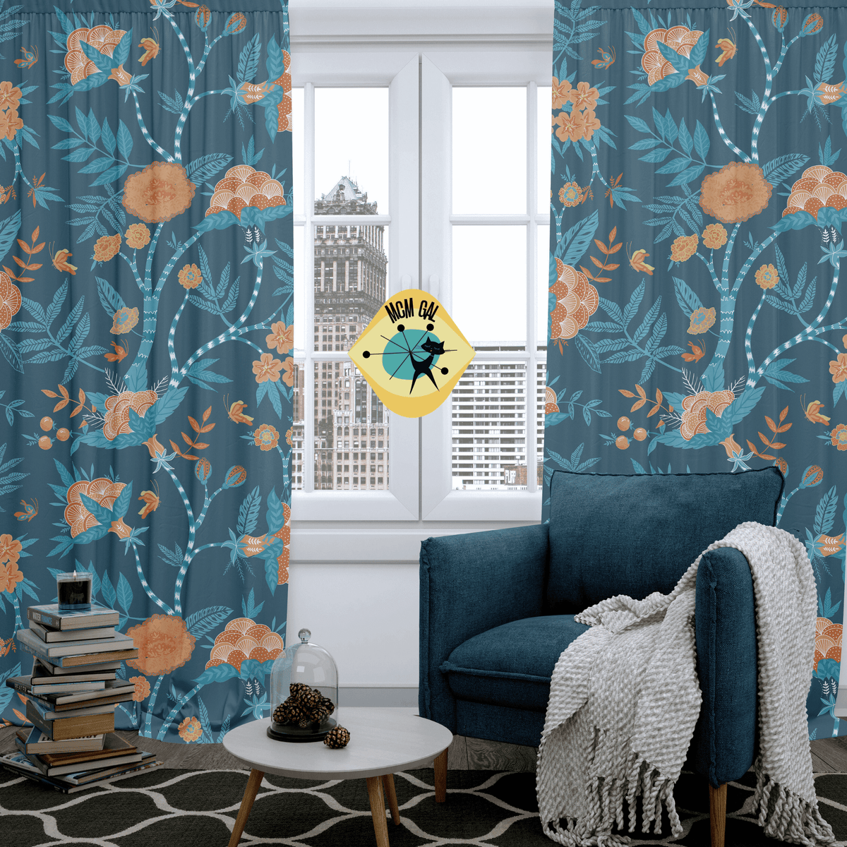 Modern Chinoiserie Fabric Window Curtain, Beautiful Exotic Blue, Orange, Floral Window Curtain Home Decor Blackout / 50" × 84"