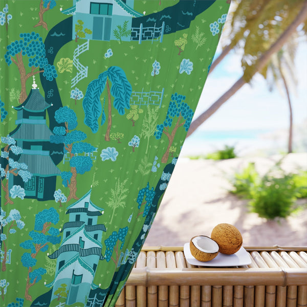 Modern Chinoiserie Fabric Window Curtain, Beautiful Exotic, Green, Blue Pagoda Design, Window Curtain