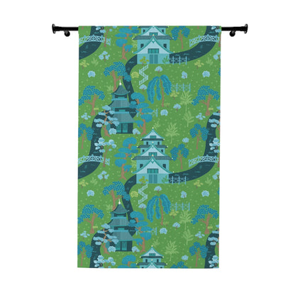 Modern Chinoiserie Fabric Window Curtain, Beautiful Exotic, Green, Blue Pagoda Design, Window Curtain Home Decor Blackout / 50&quot; × 84&quot;